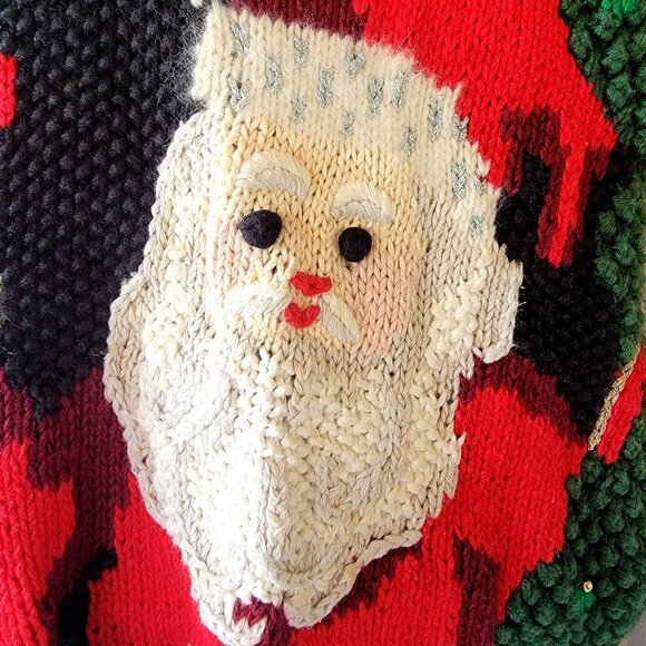 Vtg 80s 90s Hand-Knit Ugly Christmas Sweater With Santa Claus & Festive Design - Picture 4 of 16